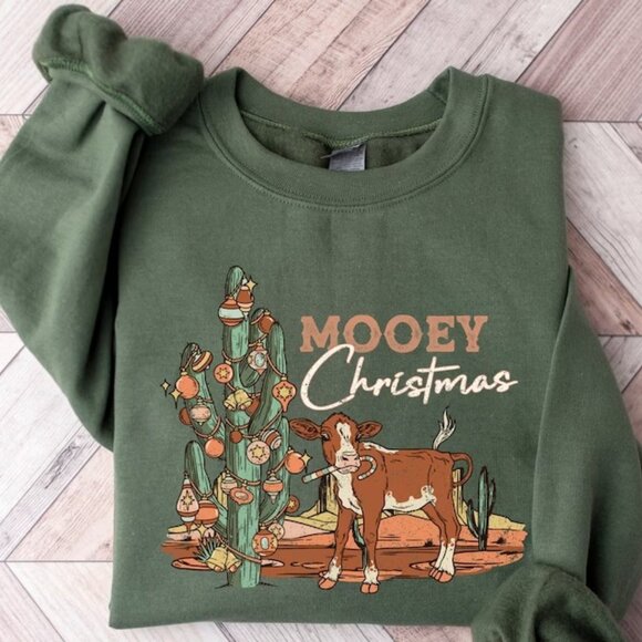 Mooey Christmas Sweatshirt Cows Sweatshirt Christmas Cow Sweatshirt 90 - Picture 1 of 5